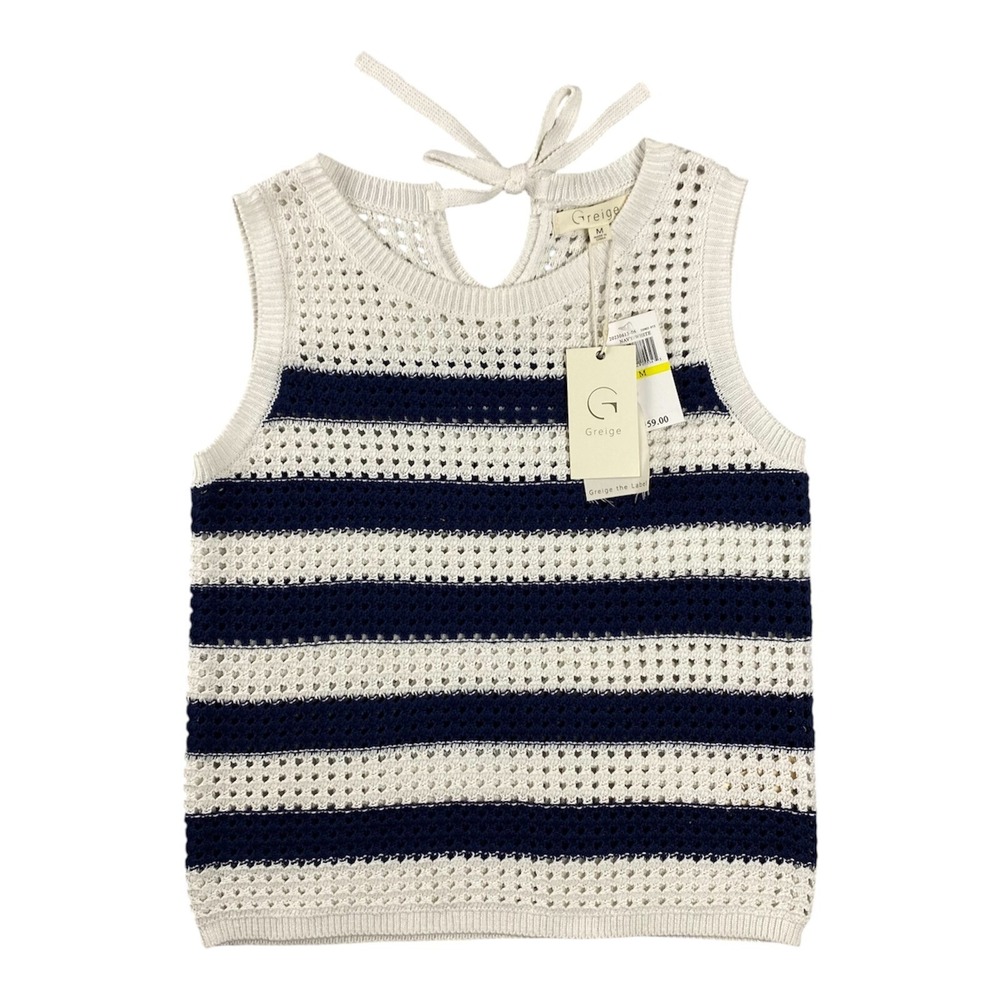 Greige Navy‎ White Striped Crochet Knit Tank Top Sweater Top Womens Size M